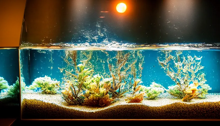 Prompt: [ a glass fish tank full of sparkling water ], fish tank full of ( water and shiny crystals ), highly detailed, dusk, moon light, campsite, hdr, backlit, ( dramatic angle ) 8 k f 5 2 0 mm