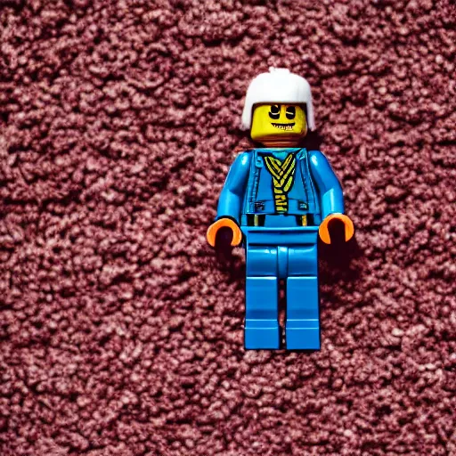 Prompt: macro photography of a minifigure walking on the carpet, 3 5 mm