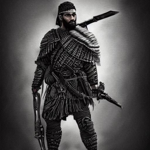 Image similar to “ full body, afghan warrior, an afghan male type, highly intricate detailed, light and shadow effects, intricate, highly detailed, digital painting, art station, concept art, smooth, sharp focus, illustration, advanced digital art, atmospheric lighting, detailed face, dark theme 8 k, hq ”