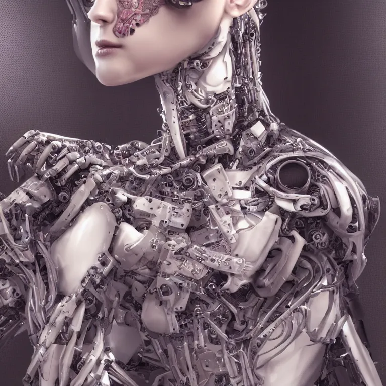 Image similar to an extremely beautiful biomechanical female looking robot with large fractal tattoos, chimeric organism, pale skin, organic polycarbon, full frontal portrait, ex machina, highly detailed, mendelbrot fractal, ray tracing, hyperdetailed, hyperrealistic, oppai cyberpunk, octane render, hdri, 4 k