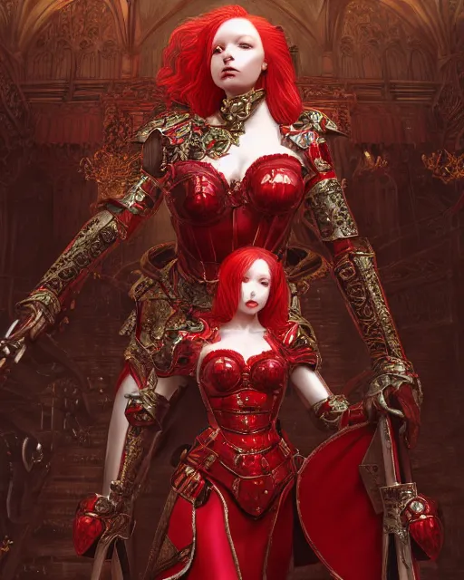 Image similar to redhead queen knight in heavy red armor, inside grand hall in castle with rococo aesthetic, intimidating, high fantasy, intricate detail, digital painting, artstation, concept art, smooth, sharp focus, illustration, art by yoshitaka amano and monia merlo and wlop, masterpiece.