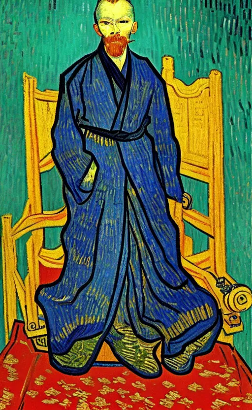 Image similar to detailed expressionist!! oil painting masterpiece portrait of an ancient emperor on his throne!! by van gogh, 8 k resolution, smooth, sharp focus, matte painting, beautiful masterpiece expressionist painting