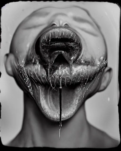 Image similar to hyperrealistic surreal venus fly trap luscious lips creepy wet tongue photography medium format portrait civil war