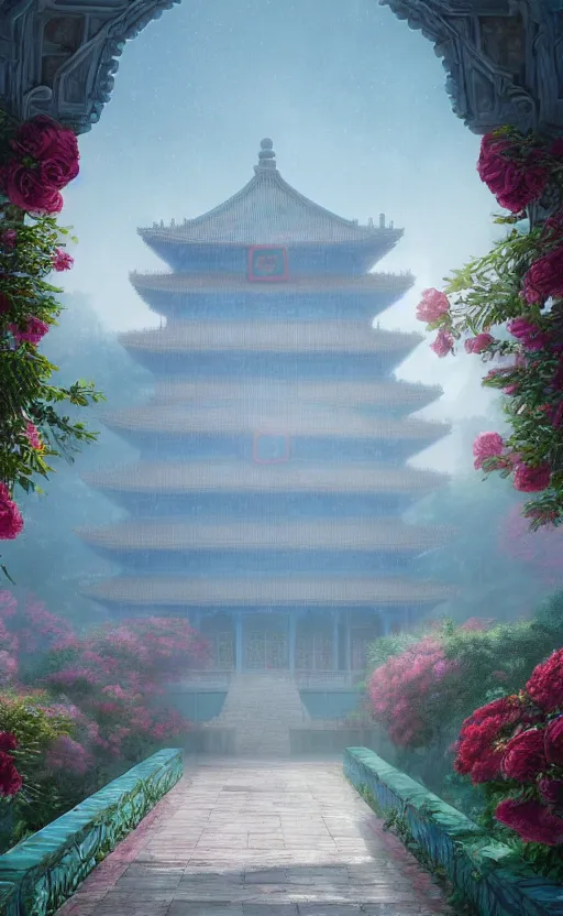 Image similar to vanishing point, palace covered with aqua blue roses like the forbidden city in distance at the red rose royal manor, viewed from afar, stephen bliss, misty, unreal engine, fantasy art by greg rutkowski, loish, ferdinand knab, and lois van rossdraws,, global illumination, radiant light, minimalist, detailed and intricate environment