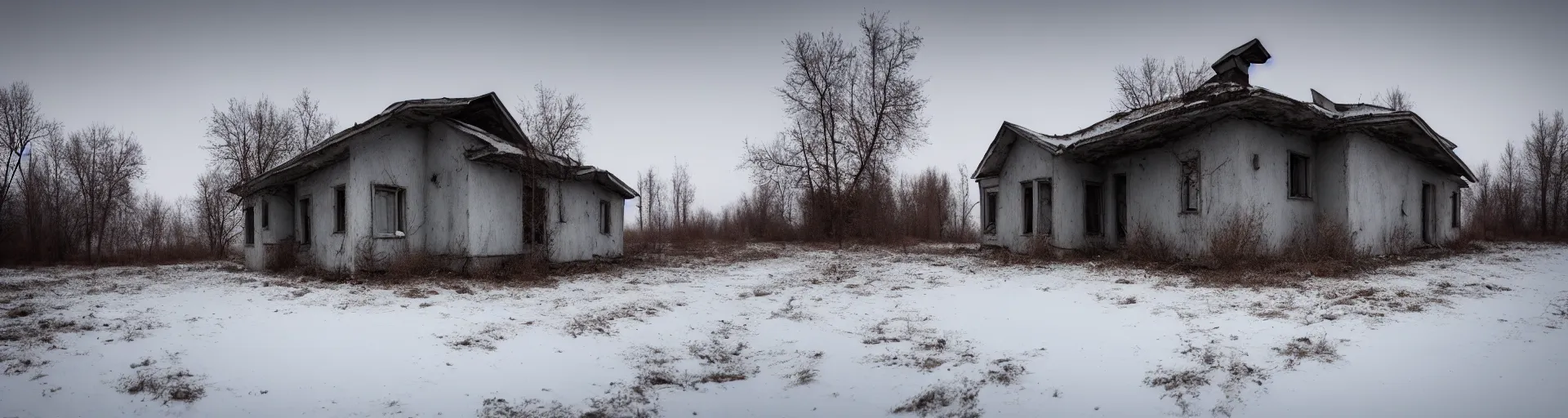 Image similar to landscape, lonely soviet house, abandoned, lifeless, winter, mud, atmospheric, mystical, very detailed 4 k