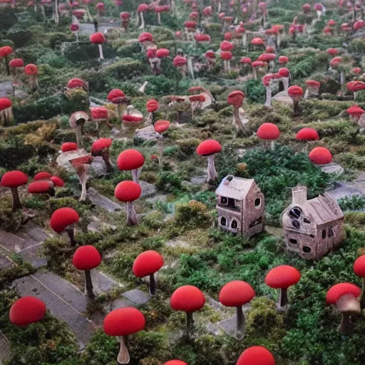 Image similar to beautiful dystopian deserted overgrown city anthropomorphic red mushroom tiny village