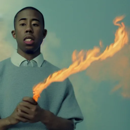 Image similar to cinematic film still of rapper Tyler The Creator starring as a Japanese Sensei with fire, Japanese CGI, VFX, 2003, 40mm lens, shallow depth of field, film photography