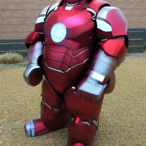 Prompt: morbidly obese ironman has a hard time flying, film still, Swarvel bootleg studios, low budget, funny