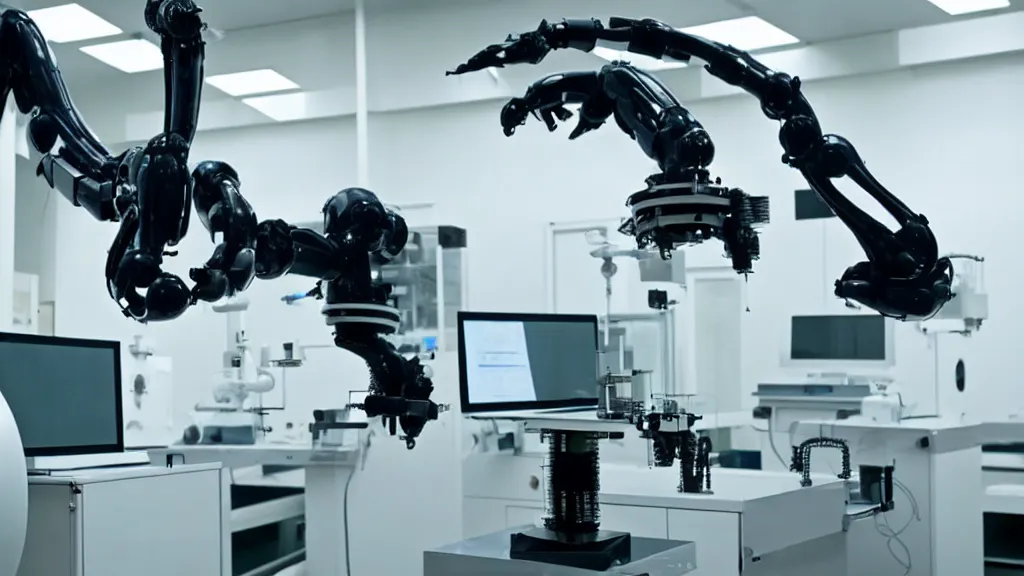 Image similar to a complex bifurcated robotic cnc surgical arm hybrid mri 3 d printer machine making black and white ceramic mutant forms in the laboratory inspection room, film still from the movie directed by denis villeneuve with art direction by salvador dali, wide lens