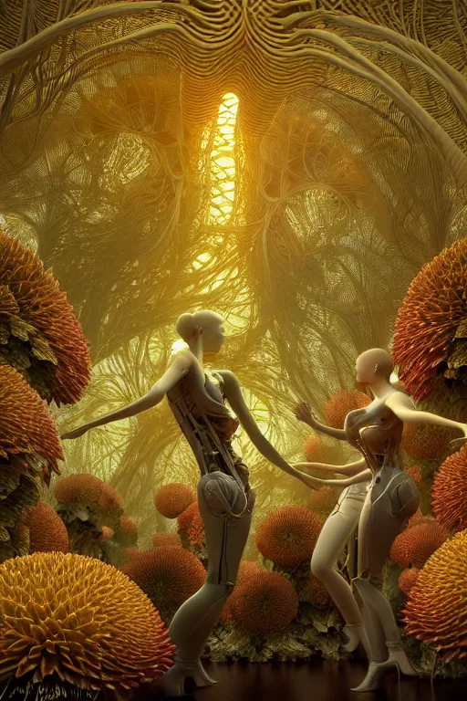 Image similar to intricate hyper detailed ultra sharp 3 d render, unity of mood, biomechanical cyborg ladies dancing, atmospheric, foliage, white large pore fungi, cyberpunk art nouveau, haute couture alexander mcqueen leaves stems colorful dahlias blooming transparent fractal filigree roots, intricate details, octane render, volumetric cinematic lighting, natural beautiful light, yellow infrared, lumiol, 8 k,