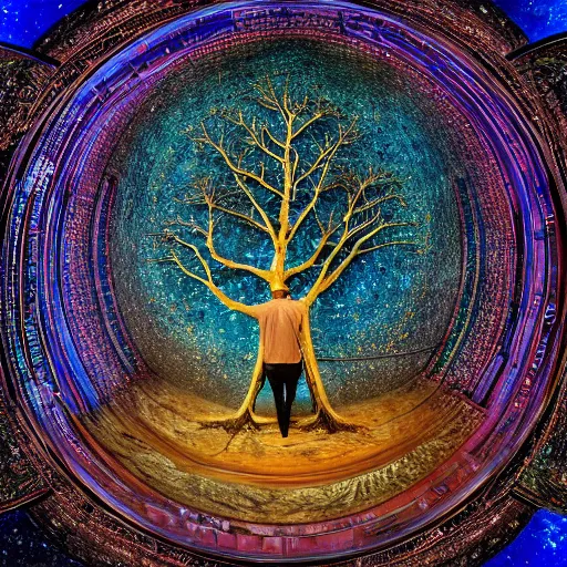 Image similar to a human man standing next to a cosmic tree, a sense of awe, amazement, monogon, plasma display, wooden, damascus, multiscopy, morph, in a symbolic and meaningful style, insanely detailed and intricate, hypermaximalist, elegant, ornate, hyper realistic, super detailed