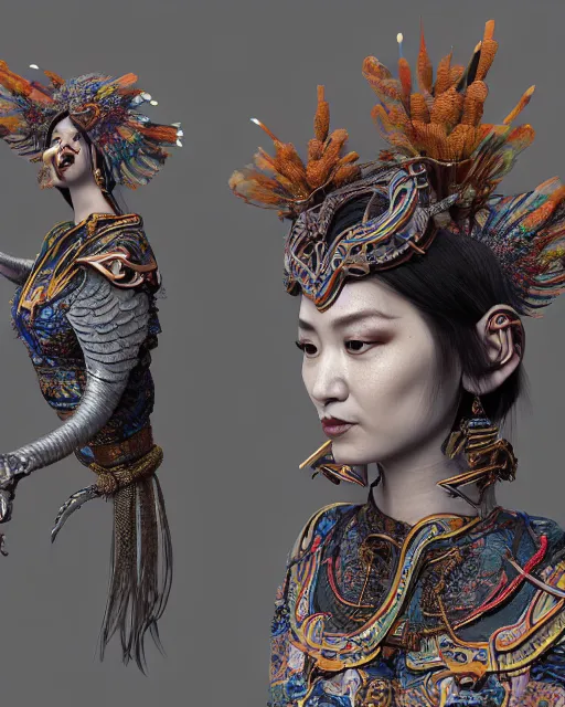 Image similar to 3 d warrior goddess medium shot portrait. beautiful hyperrealistic intricate highly detailed magpie helm and richly embroidered blouse, quetzalcoatl, korean hanbok, bioluminescent, curious, kintsugi, plasma, lava, ice, feather, artwork by tooth wu and chiara bautista, octane 3 d render