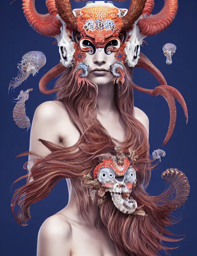 Image similar to 3 d goddess half - turn portrait with ram skull. beautiful intricately detailed japanese crow kitsune mask and clasical japanese kimono. betta fish, jellyfish phoenix, bio luminescent, plasma, ice, water, wind, creature, artwork by tooth wu and wlop and beeple and greg rutkowski