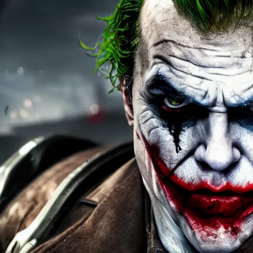 Image similar to the joker in gears of war, splash art, movie still, detailed face, photorealistic facial features, cinematic lighting, dramatic, octane render, long lens, shallow depth of field, bokeh, anamorphic lens flare, 8 k, hyper detailed, 3 5 mm film grain