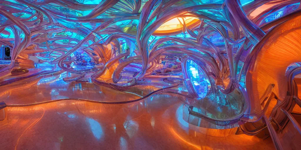 Image similar to extremely detailed awe stunning beautiful futuristic smooth curvilinear museum interior, translucent gills, hyper real, 8k, colorful, 3D cinematic volumetric light, atmospheric light