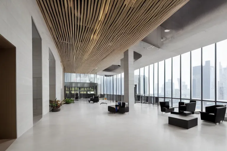 Prompt: a beautiful office building lobby with sleek modern design by SOM with large windows
