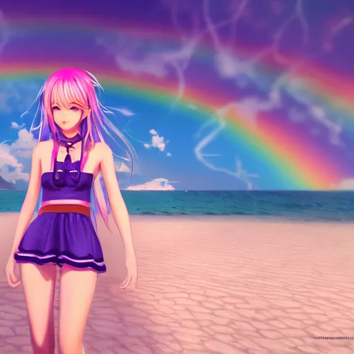 Prompt: render as a very beautiful 3d anime girl, long braided rainbow hair, full round face, short smile, casual clothes, serene beach setting, cinematic lightning, medium shot, mid-shot, highly detailed, trending on Artstation, Unreal Engine 4k, cinematic wallpaper