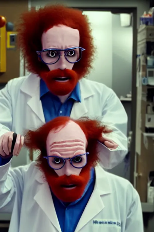 Prompt: an awkwardly tall scientist with 3 eyes and a tangled beard and unruly red hair atop his balding head wearing a labcoat and holding a beaker, high resolution film still, movie by Ivan Reitman, 3rd eye in the middle of the forehead
