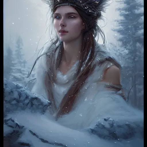 Prompt: a beautiful portrait of an winter goddess by Greg Rutkowski and Raymond Swanland, Trending on Artstation, ultra realistic digital art