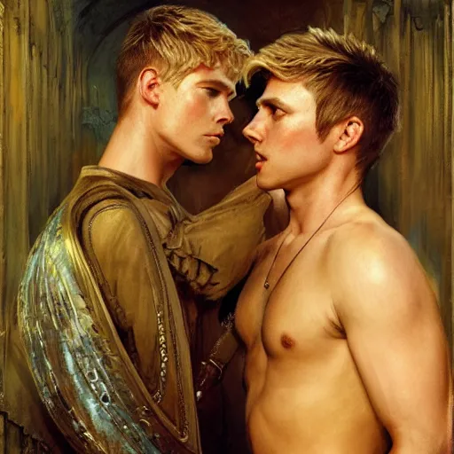 Image similar to attractive male, arthur pendragon who has blond hair confesses his love to attractive male, merlin who has dark hair. highly detailed painting by gaston bussiere, craig mullins, j. c. leyendecker 8 k