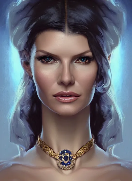 Image similar to portrait of victoria silvstedt as a lady, collar and leash, jewelry, greek, sapphire, intricate, headshot, highly detailed, digital painting, artstation, concept art, sharp focus, cinematic lighting, illustration, art by artgerm and greg rutkowski, alphonse mucha, cgsociety