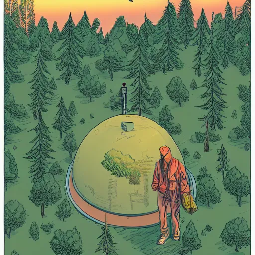 Prompt: aerial isometric view illustration of single hooded explorer in middle of lush forest , highly detailed, sunset, by , Max Prentis, Moebius, Laurie Greasley