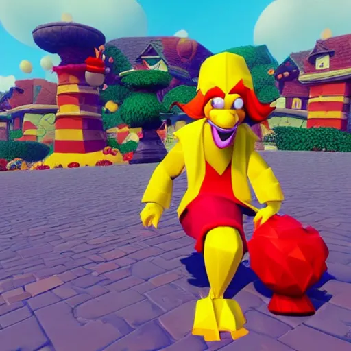 Image similar to image of ronald mcdonald, red afro, red nose and yellow outfit as an enemy in spyro the dragon video game, with low poly playstation 1 graphics, upscaled to high resolution