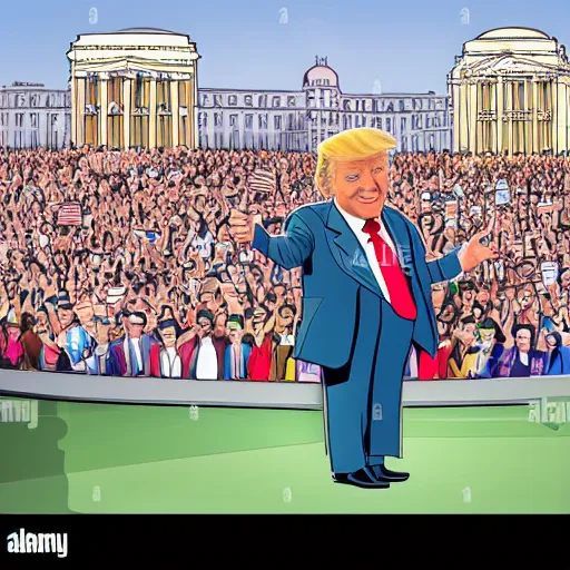 Image similar to enoumous crowd of millions of people, everyone is laughing and pointing at donald trump on a podium with not wearing pants. style of caricature drawing.