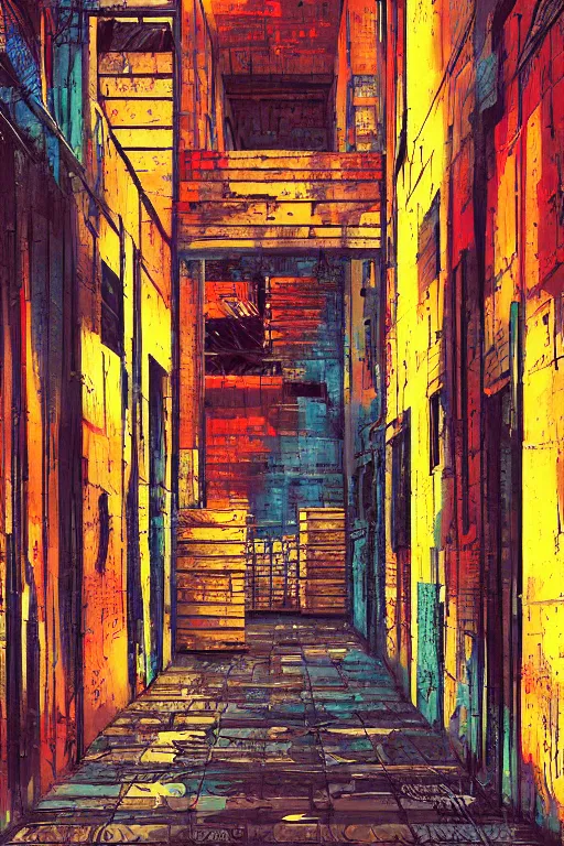 Image similar to a beautiful painting digital high detailed of a grungy back alley with wooden crates metal grids by Alena Aenami