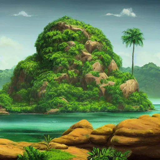 Image similar to painting of a small jungle island viewed from afar with a large rock formation in the shape of a gorillas head taking up the majority of the island, trending on artstation