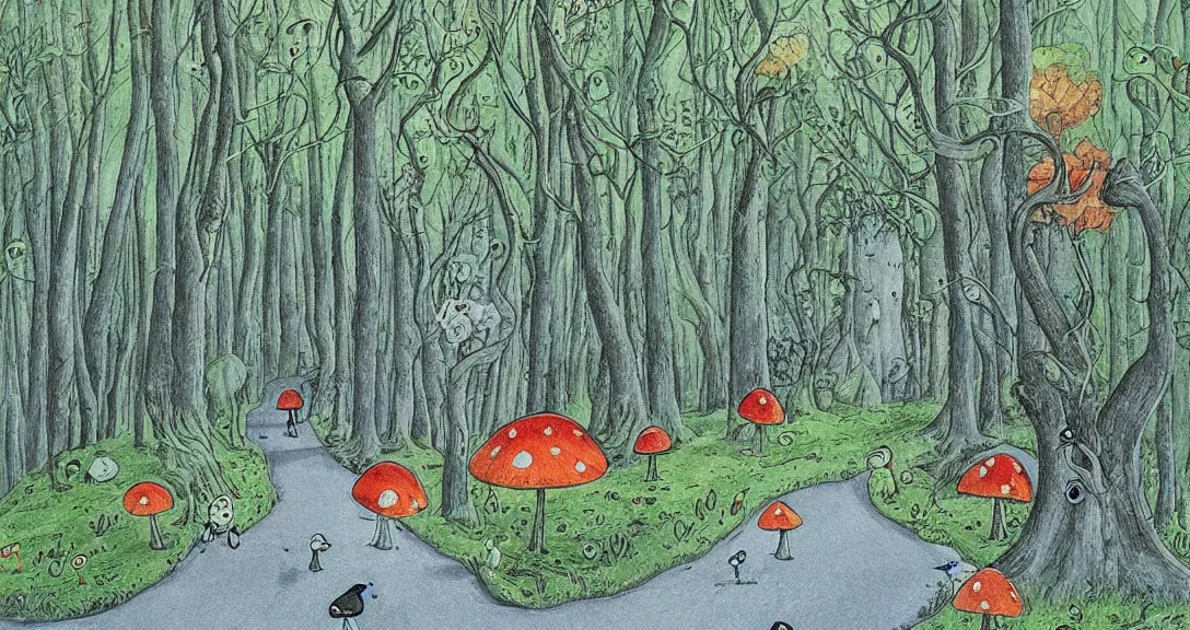 Prompt: road in a forest road, with different birds and animals, small and big fairy tale buildings, giant mushrooms, weird creatures, highly detailed, fantasy art, fairy tale illustration, book illustration, by tove jansson