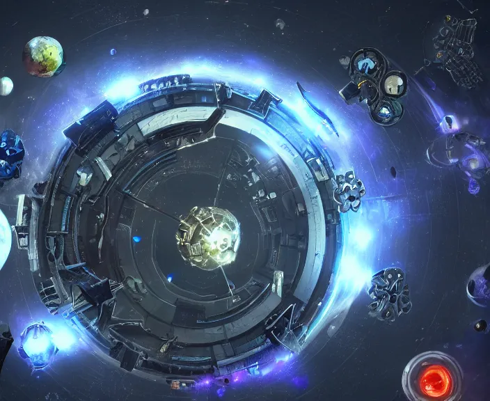 Image similar to a space junkyard forming a tilted disk with vortex in the center in black starless space, a graveyard of space stations and giant space structures, dark sci - fi game map, solid black background, everything fits on the screen, no ui elements