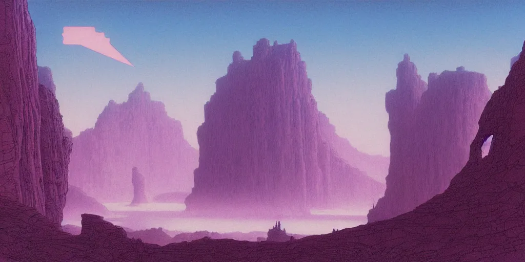 Prompt: grainy risograph matte painting of gigantic huge mech with huge swords, pastel matte colors, staying in the foggy huge canyon, by moebius, hyperrealism, intricate detailed