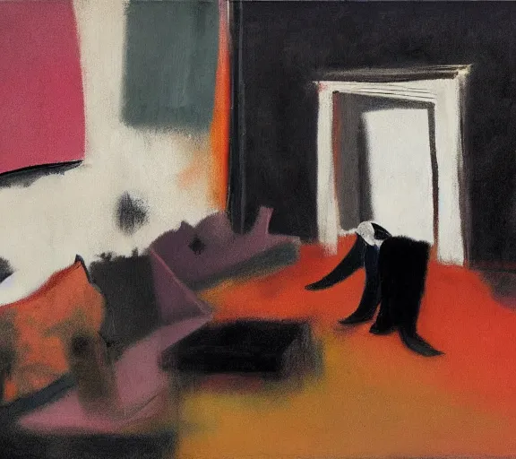 Prompt: lovers collapsed in a the cafe void, curtains, college, couches melting, painted by Francis Bacon, style of Adrian Ghenie, 8k, colors of Mark Rothko