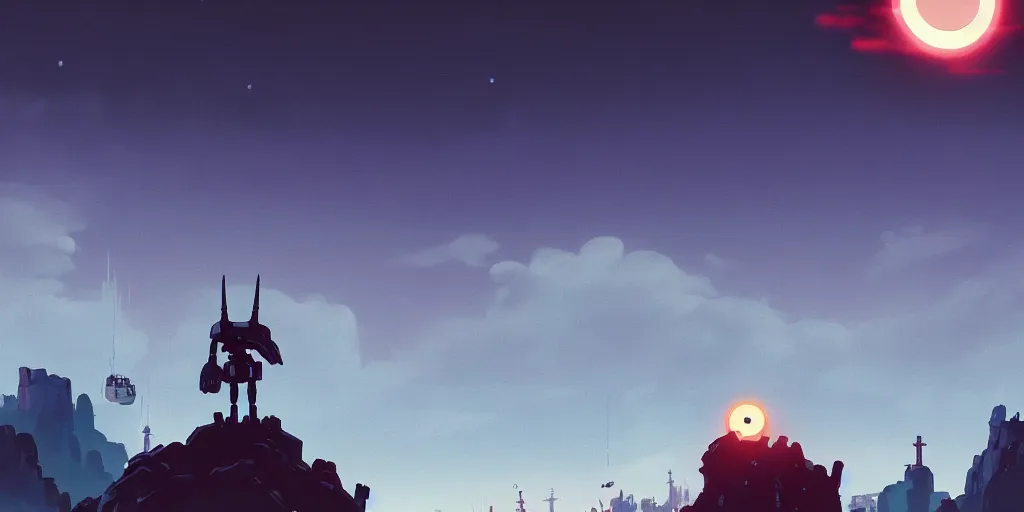 Prompt: Iron Giant, Very Cloudy Sky, Sun, Neon Lights, Subject in Middle, Rule of Thirds, 4K, Retrofuturism, Castlevania, Fantasy, hollow knight, Studio Ghibli, Simon Stålenhag