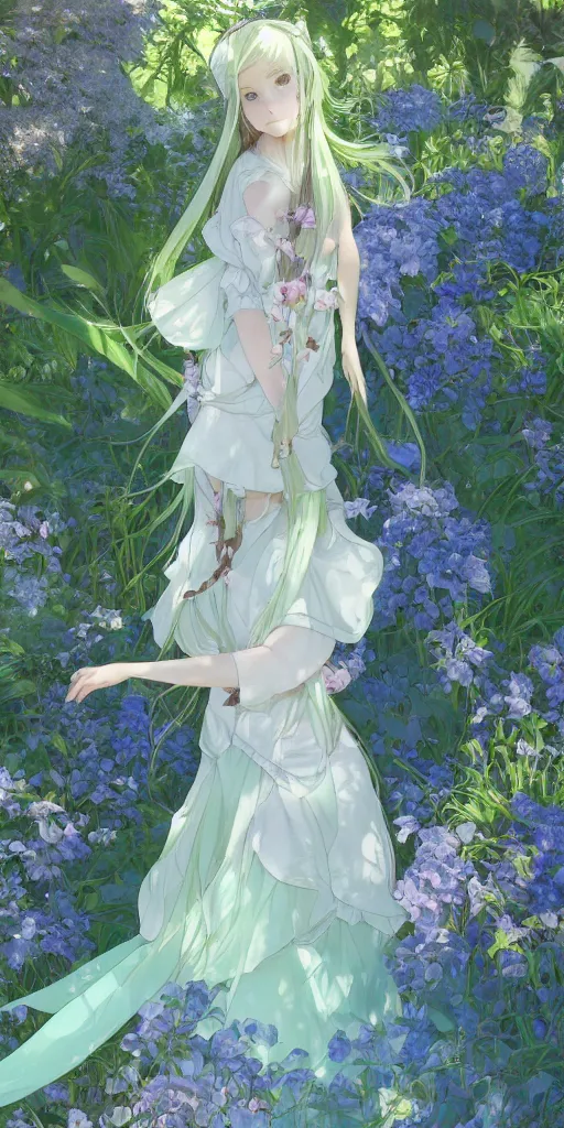 Image similar to a digital art of a loli with long hair in a dress in the privet garden at after noon, green and warm theme, blue accents, by krenz cushart and mucha and akihito yoshida and greg rutkowski and makoto shinkai, low angle, back lighting, detailed eyes, 4 k resolution, trending on art station