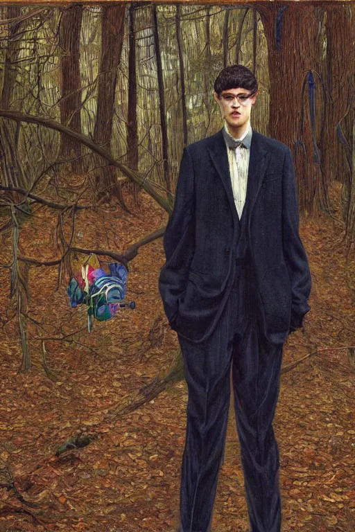 Image similar to close up portrait of slender - man wearing a suit, in a deserted playground in the woods, by frantisek kupka, intricate, miles johnston, kuroda seiki, cynical realism, ozabu, john william godward, painterly, yoshitaka amano, moebius, miles johnston, louise zhang, james jean, mark ryden