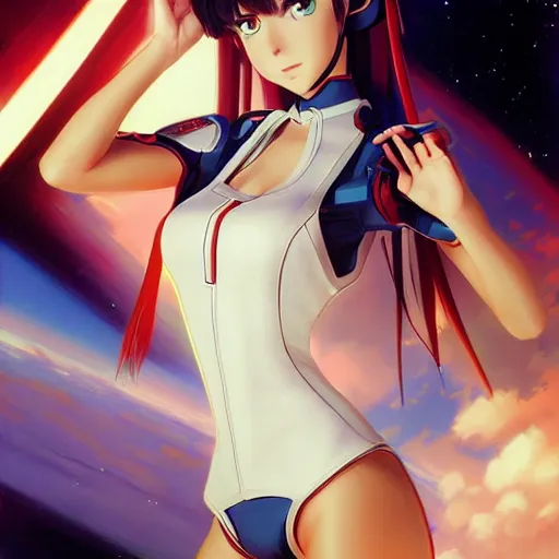 Image similar to An anime portrait of beautiful girl still from Robotech 1985 by Stanley Artgerm Lau ,WLOP, Ilya Kuvshinov ,James Jean, Andrei Riabovitchev , symmetrical