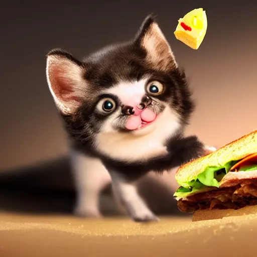 Prompt: a Bat kitten is eating a sandwich on sand which is sandy, 8k octane render.