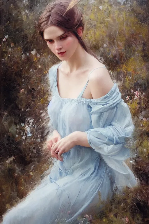 Prompt: Richard Schmid and Jeremy Lipking full length portrait painting of a young beautiful fantasy fairy woman