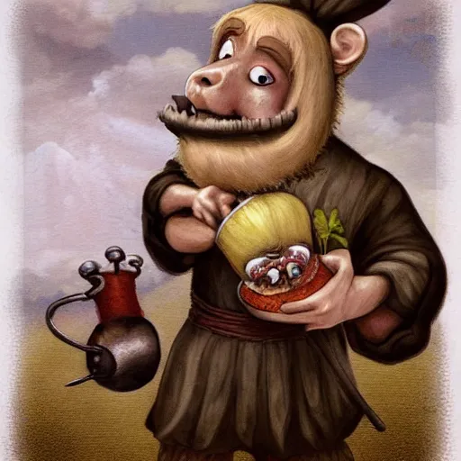 Prompt: a gibbon medieval chef, fantasy concept art by nicoletta ceccoli, mark ryden, lostfish, max fleischer