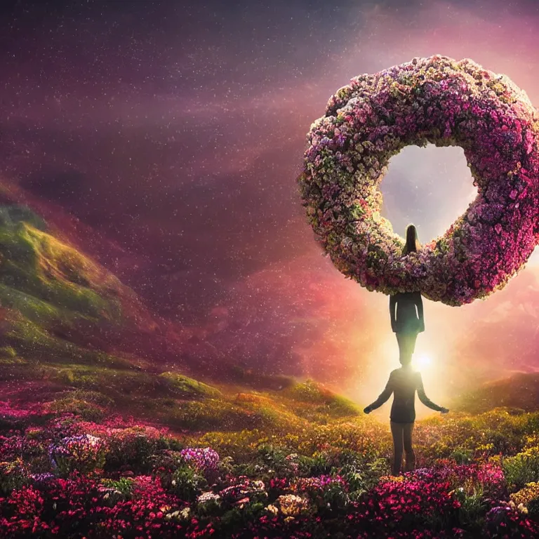 Image similar to a planet of various flowers, fungus and plants, in which the singular human figure is dressed in something magical and impressive, inside the picture is infinity, sunset light, Atmospheric phenomenon, artistic photography, muted colors, conceptual, long exposure outside the city, volumetric light