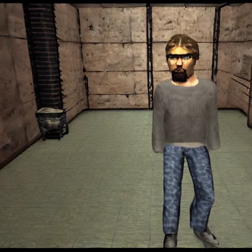 Image similar to game screenshot of Ted Kaczynski inside Ico, ps2 graphics