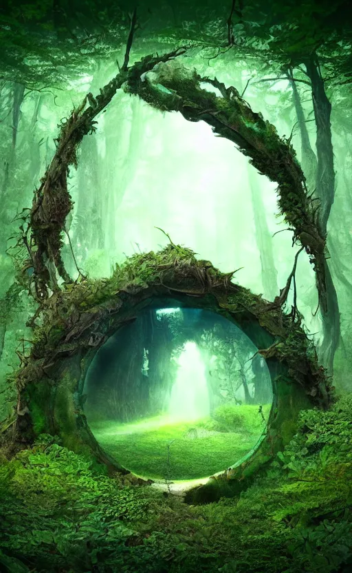 Image similar to the portal in the forest in the style of Roger Dean and beeple, 35mm, photo realistic, epic, cinematic