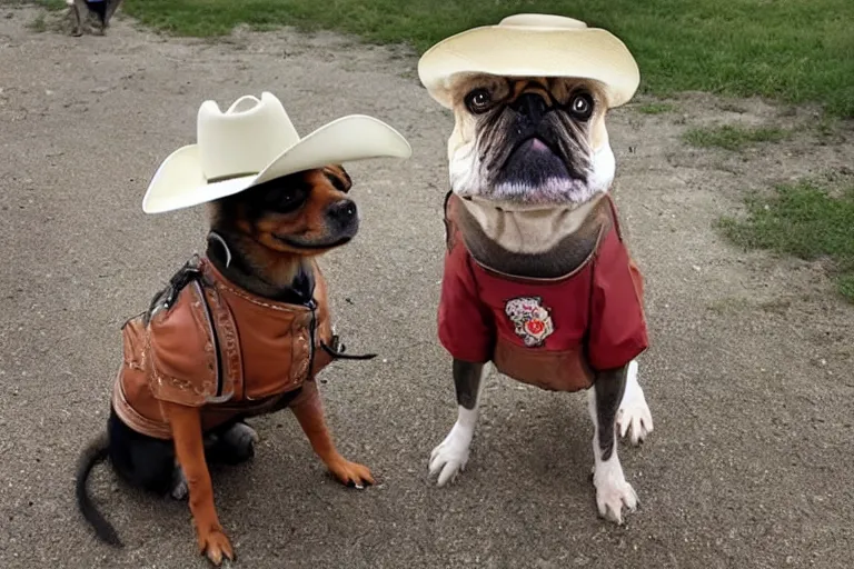 Image similar to a dog wearing cowboy clothes