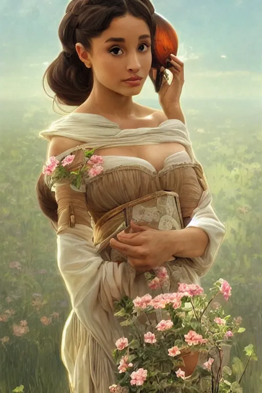 Prompt: beautiful cottagecore Ariana Grande holding a skin colored vase. intricate, elegant. the background is made of human bodies !. highly detailed, digital painting, artstation, concept art, smooth, sharp, focus, illustration. . art by artgerm and greg rutkowski and alphonse mucha