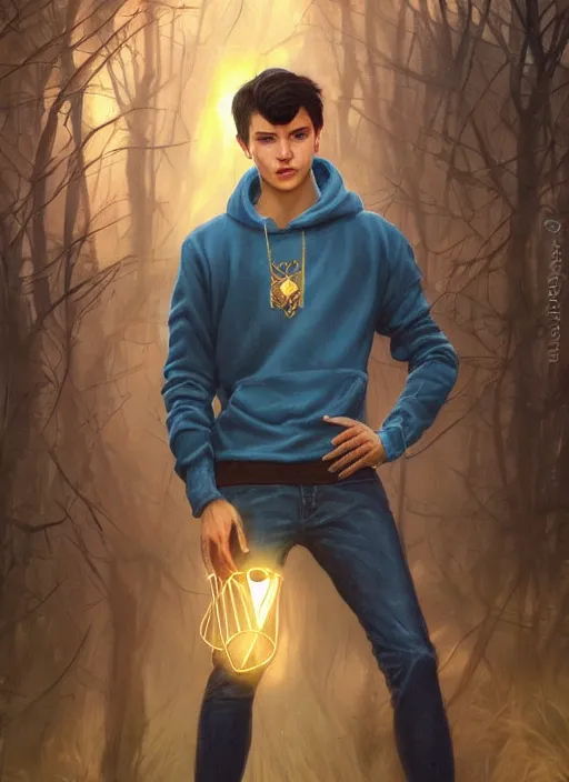 Image similar to handsome young man with short black hair, light blue eyes, detailed neighbourhood background, magical atmosphere, tarot card, glowing, golden hour, wearing jeans and a black hoodie, realistic painting by ross tran and gerald brom and alphonse mucha, trending on artstation