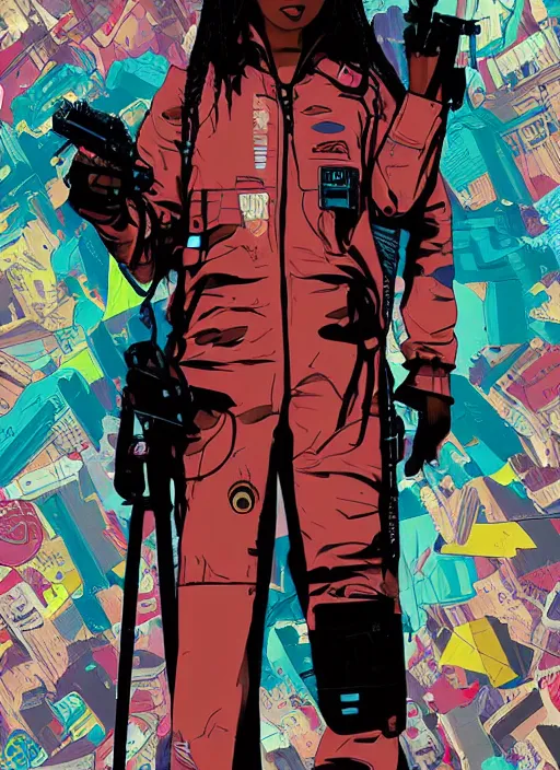 Prompt: maria igwe. cyberpunk hacker in tactical jumpsuit. portrait illustration, pop art, splash painting, art by geof darrow, ashley wood, alphonse mucha, makoto shinkai