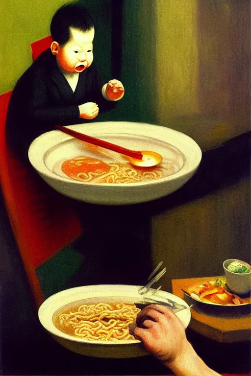 Prompt: evil and angry human giant baby eating a huge bowl of ramen in new york city, traditional chinese restaurant, hauntingly surreal, highly detailed painting by francis bacon, edward hopper, adrian ghenie, gerhard richter, and james jean soft light 4 k,