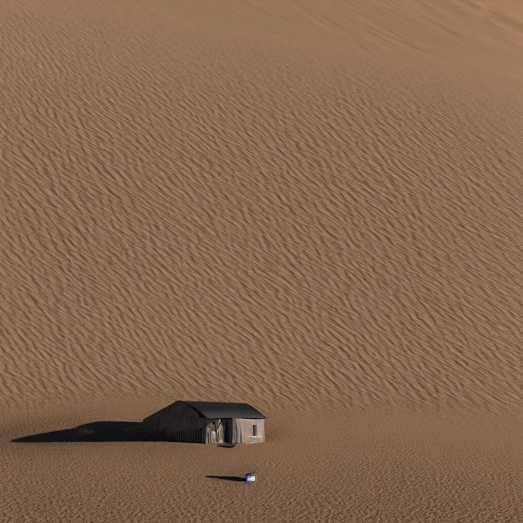 Prompt: a beautiful chrome metal detailed intricate hut in the namibia sand dunes. bright high contrast cinematic lighting highly detailed resolution octane render 8 k